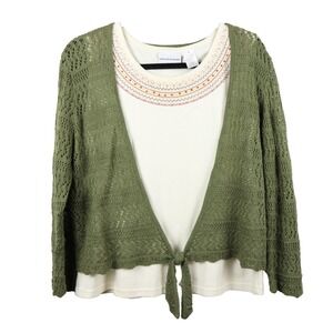 Alfred Dunner Womens Green Open Weave Cardigan Beaded Embroidered Knit Top Set M